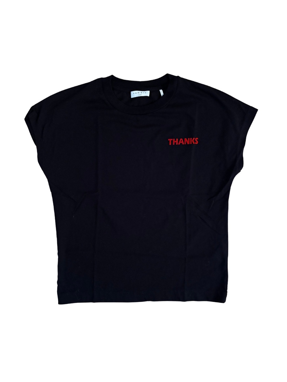 Sandro Black Cap Tee with Red "THANKS" Chest Print